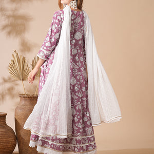 Floral Printed Stones & Pearl Embroidered Anarkali Kurta with Pants & Dupatta - Mauve
