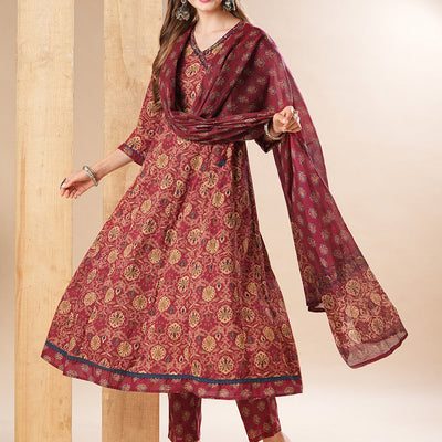 Floral Printed Resham & Sequins Embellished Anarkali with Pants & Dupatta - Dark Red