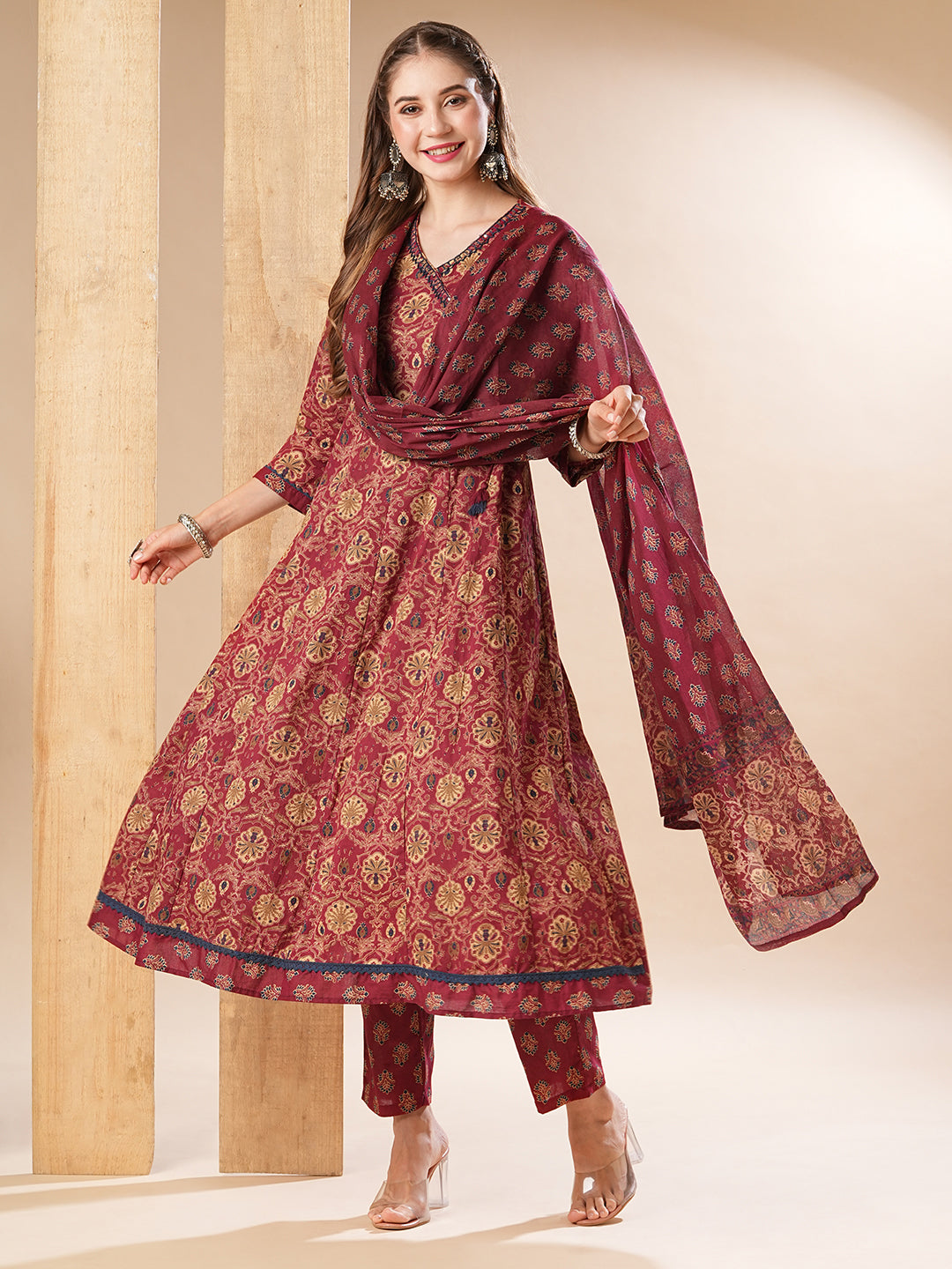 Floral Printed Resham & Sequins Embellished Anarkali with Pants & Dupatta - Dark Red