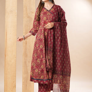 Floral Printed Resham & Sequins Embellished Anarkali with Pants & Dupatta - Dark Red