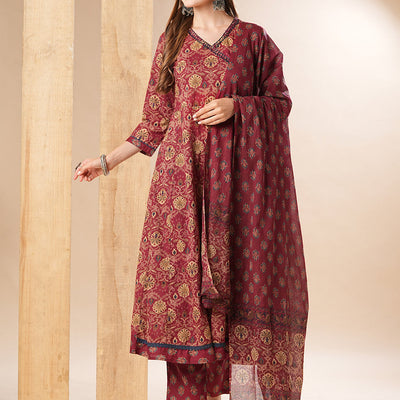 Floral Printed Resham & Sequins Embellished Anarkali with Pants & Dupatta - Dark Red