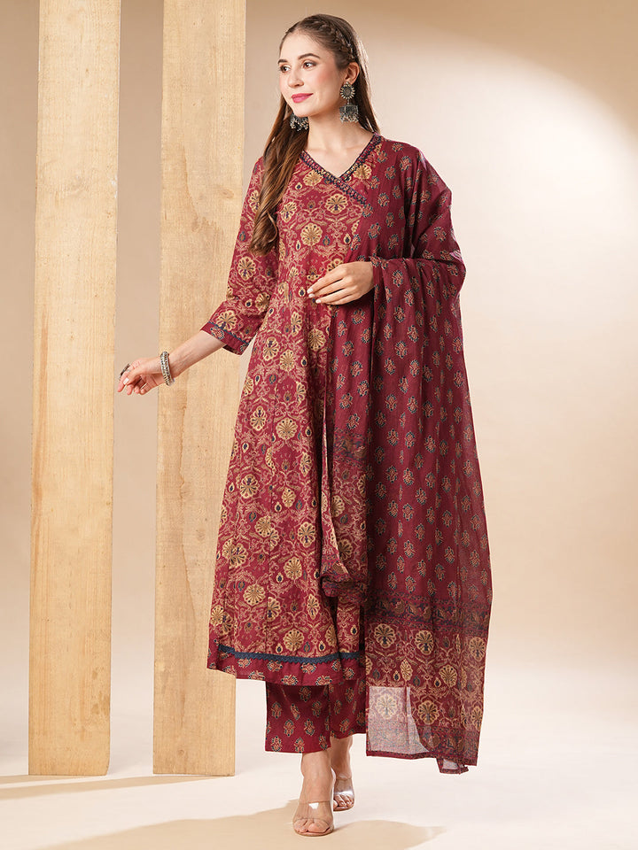 Floral Printed Resham & Sequins Embellished Anarkali with Pants & Dupatta - Dark Red