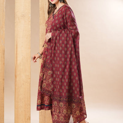 Floral Printed Resham & Sequins Embellished Anarkali with Pants & Dupatta - Dark Red
