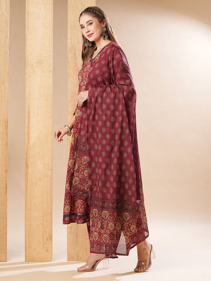 Floral Printed Resham & Sequins Embellished Anarkali with Pants & Dupatta - Dark Red