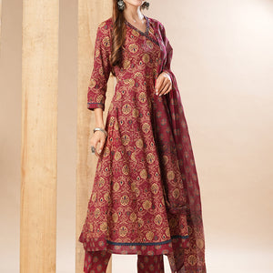 Floral Printed Resham & Sequins Embellished Anarkali with Pants & Dupatta - Dark Red