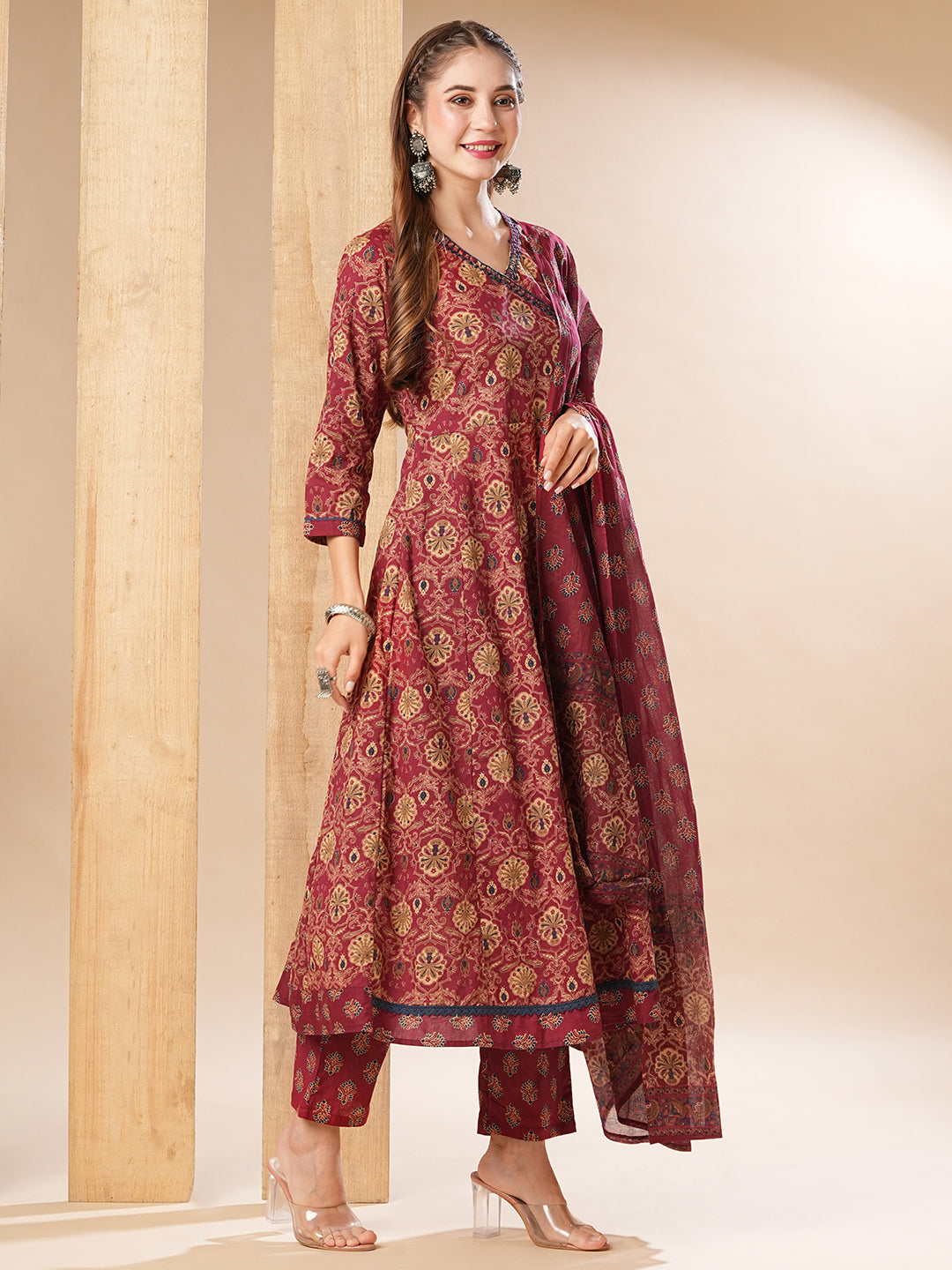 Floral Printed Resham & Sequins Embellished Anarkali with Pants & Dupatta - Dark Red