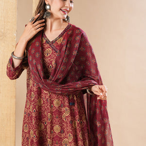 Floral Printed Resham & Sequins Embellished Anarkali with Pants & Dupatta - Dark Red