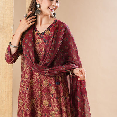 Floral Printed Resham & Sequins Embellished Anarkali with Pants & Dupatta - Dark Red