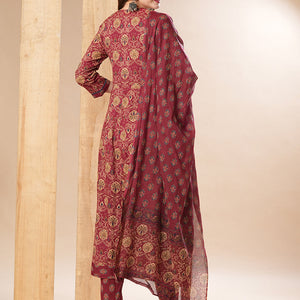 Floral Printed Resham & Sequins Embellished Anarkali with Pants & Dupatta - Dark Red