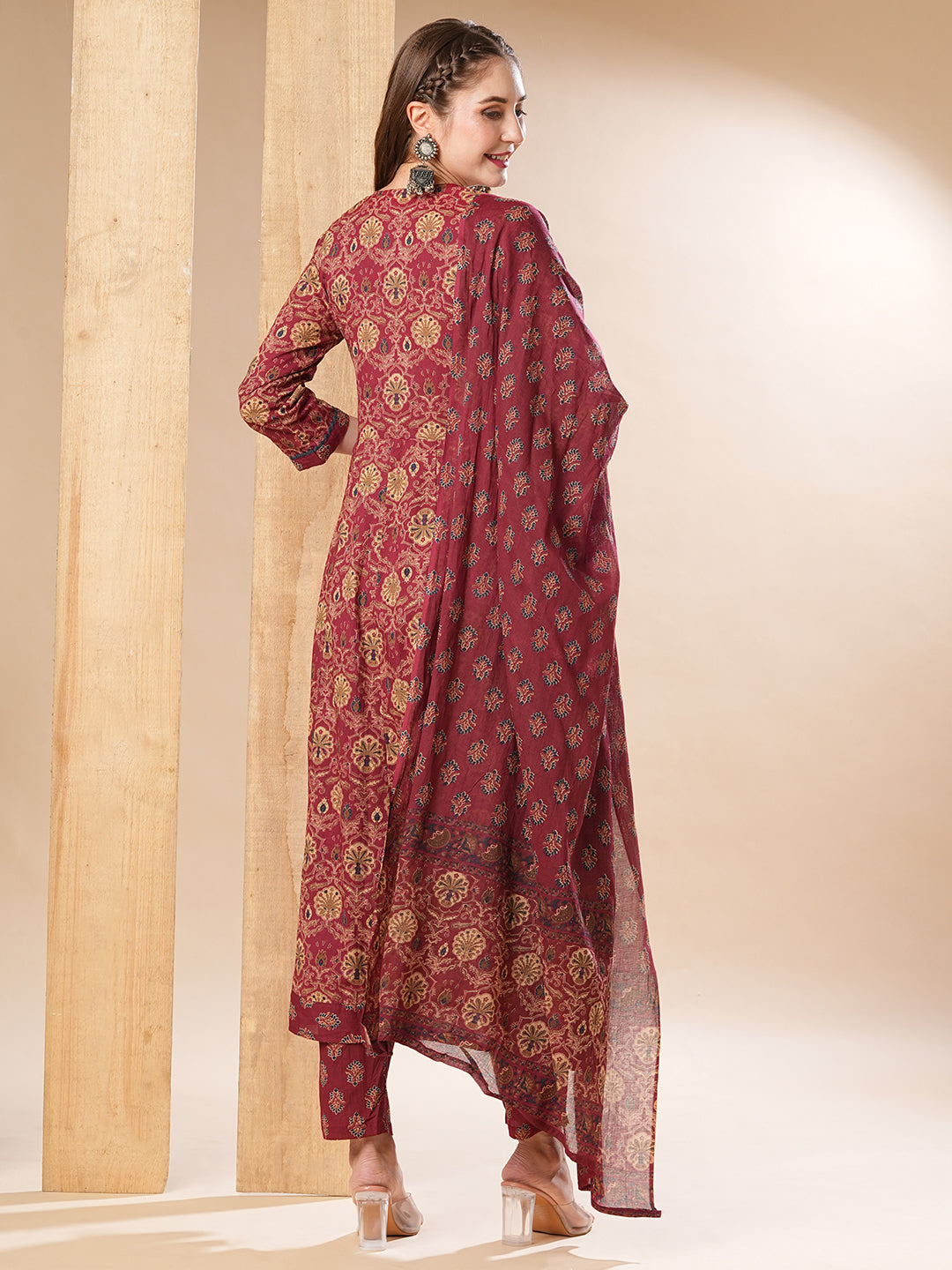 Floral Printed Resham & Sequins Embellished Anarkali with Pants & Dupatta - Dark Red