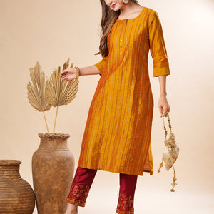Solid Pin-Tucks Kurta with Resham & Sequins Embroidered Pants - Mustard