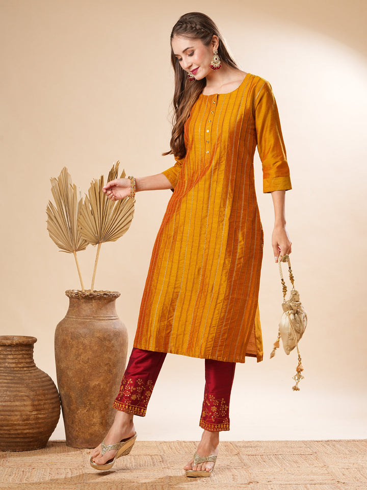 Solid Pin-Tucks Kurta with Resham & Sequins Embroidered Pants - Mustard