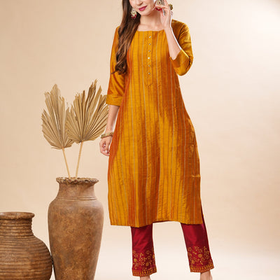 Solid Pin-Tucks Kurta with Resham & Sequins Embroidered Pants - Mustard