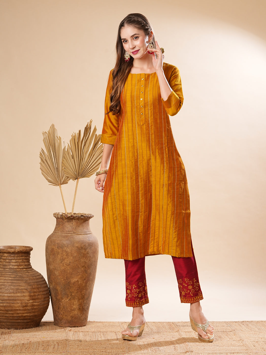 Solid Pin-Tucks Kurta with Resham & Sequins Embroidered Pants - Mustard