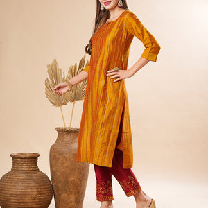 Solid Pin-Tucks Kurta with Resham & Sequins Embroidered Pants - Mustard