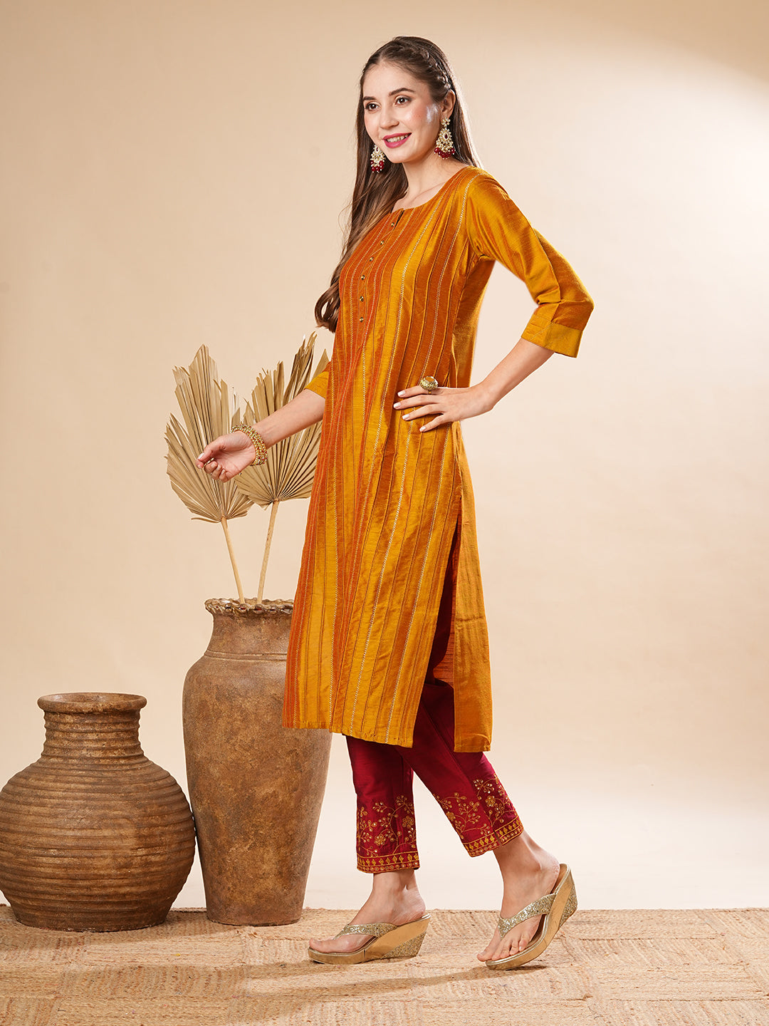 Solid Pin-Tucks Kurta with Resham & Sequins Embroidered Pants - Mustard