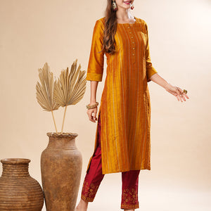 Solid Pin-Tucks Kurta with Resham & Sequins Embroidered Pants - Mustard