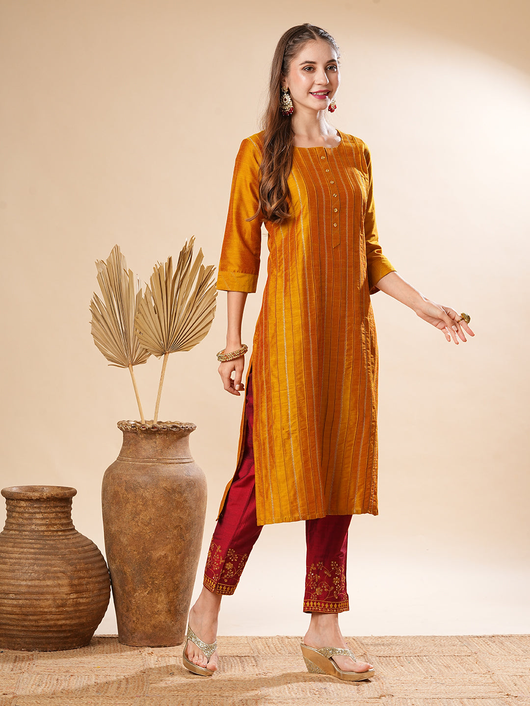 Solid Pin-Tucks Kurta with Resham & Sequins Embroidered Pants - Mustard