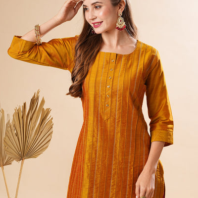 Solid Pin-Tucks Kurta with Resham & Sequins Embroidered Pants - Mustard