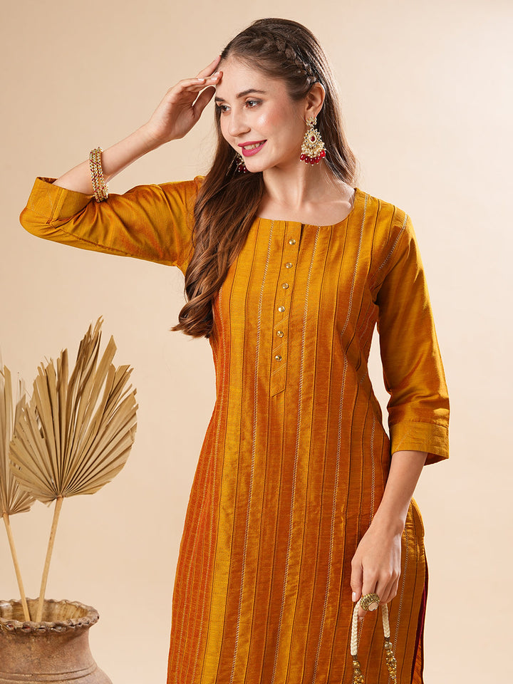 Solid Pin-Tucks Kurta with Resham & Sequins Embroidered Pants - Mustard