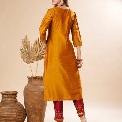Solid Pin-Tucks Kurta with Resham & Sequins Embroidered Pants - Mustard