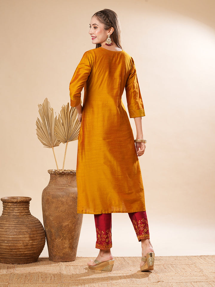 Solid Pin-Tucks Kurta with Resham & Sequins Embroidered Pants - Mustard