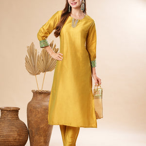 Solid Two-Toned Mirror, Zari & Applique Embroidered Kurta with Pants Set - Yellow