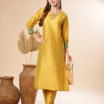 Solid Two-Toned Mirror, Zari & Applique Embroidered Kurta with Pants Set - Yellow