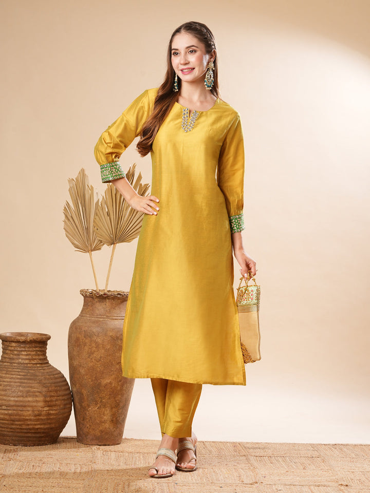 Solid Two-Toned Mirror, Zari & Applique Embroidered Kurta with Pants Set - Yellow