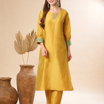 Solid Two-Toned Mirror, Zari & Applique Embroidered Kurta with Pants Set - Yellow