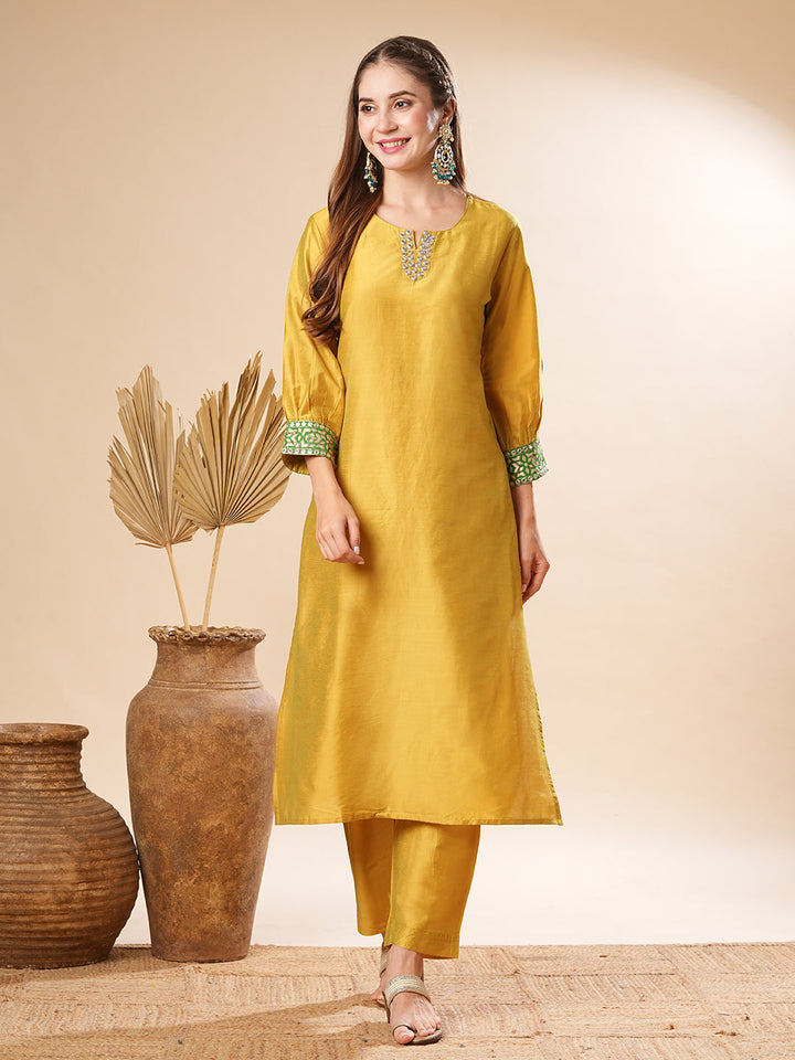 Solid Two-Toned Mirror, Zari & Applique Embroidered Kurta with Pants Set - Yellow