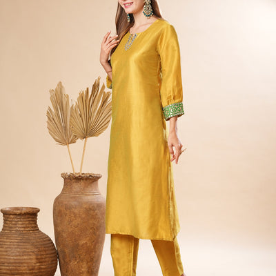Solid Two-Toned Mirror, Zari & Applique Embroidered Kurta with Pants Set - Yellow