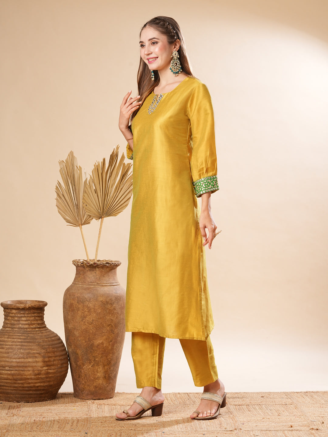 Solid Two-Toned Mirror, Zari & Applique Embroidered Kurta with Pants Set - Yellow