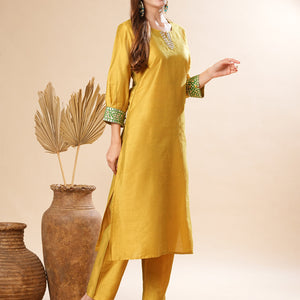 Solid Two-Toned Mirror, Zari & Applique Embroidered Kurta with Pants Set - Yellow