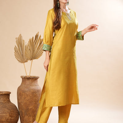 Solid Two-Toned Mirror, Zari & Applique Embroidered Kurta with Pants Set - Yellow