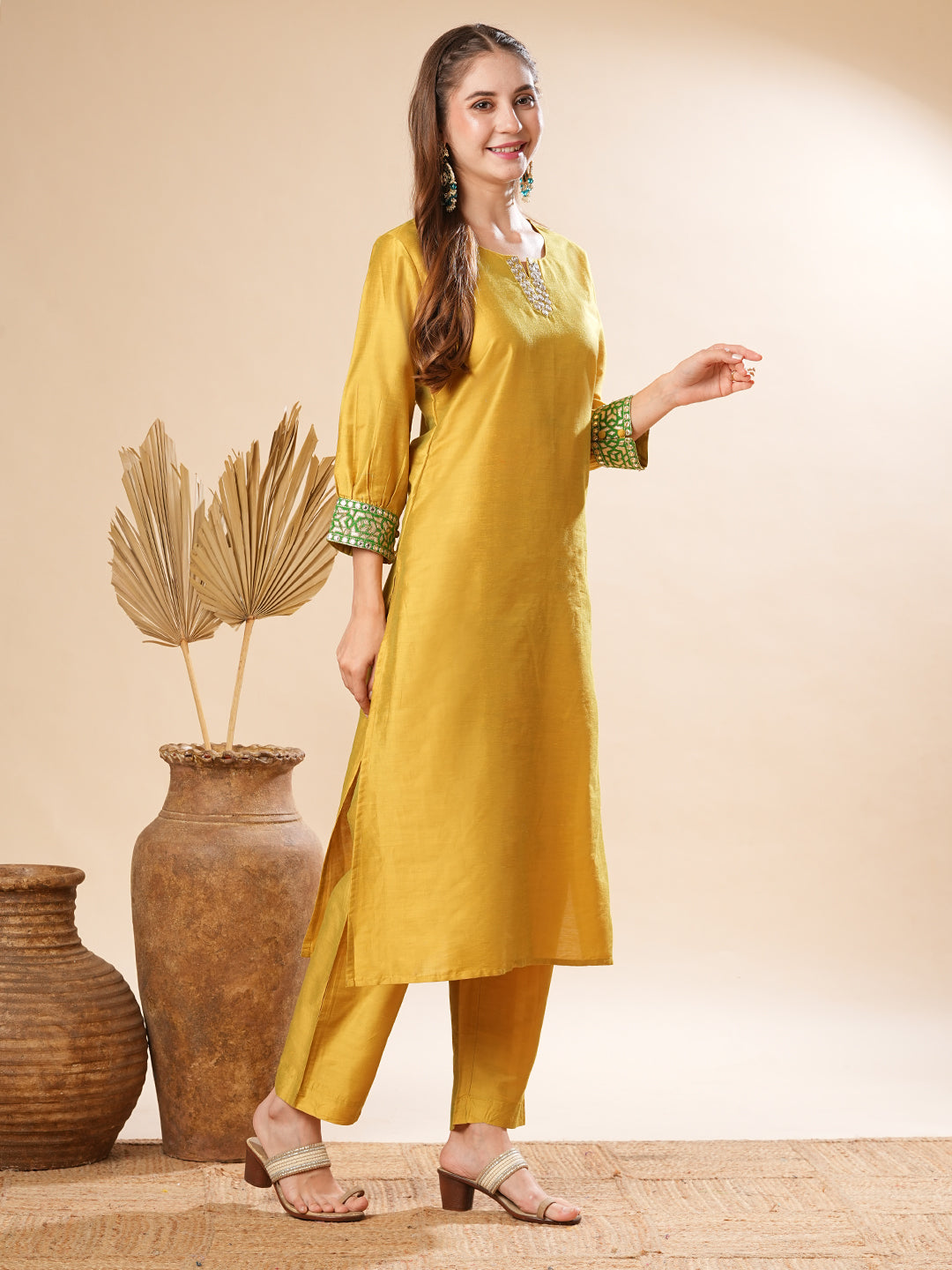 Solid Two-Toned Mirror, Zari & Applique Embroidered Kurta with Pants Set - Yellow