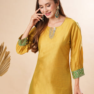 Solid Two-Toned Mirror, Zari & Applique Embroidered Kurta with Pants Set - Yellow