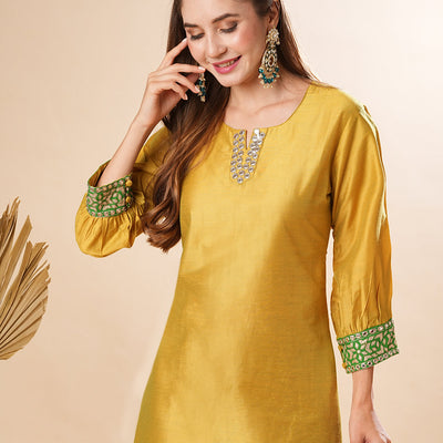 Solid Two-Toned Mirror, Zari & Applique Embroidered Kurta with Pants Set - Yellow