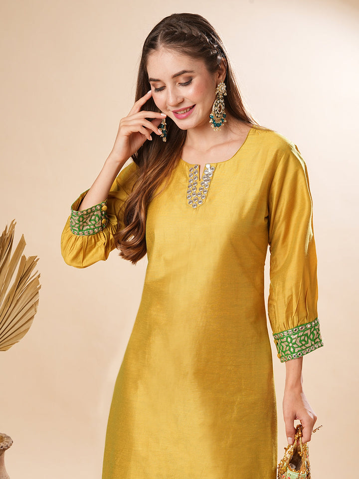 Solid Two-Toned Mirror, Zari & Applique Embroidered Kurta with Pants Set - Yellow