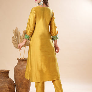 Solid Two-Toned Mirror, Zari & Applique Embroidered Kurta with Pants Set - Yellow