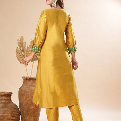 Solid Two-Toned Mirror, Zari & Applique Embroidered Kurta with Pants Set - Yellow