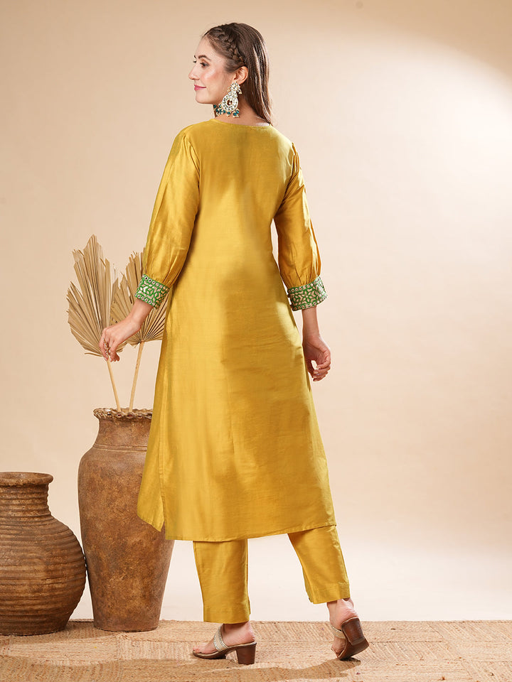 Solid Two-Toned Mirror, Zari & Applique Embroidered Kurta with Pants Set - Yellow