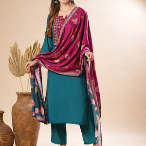 Solid Mirror Embellished Kurta with Pants & Floral Dupatta - Teal