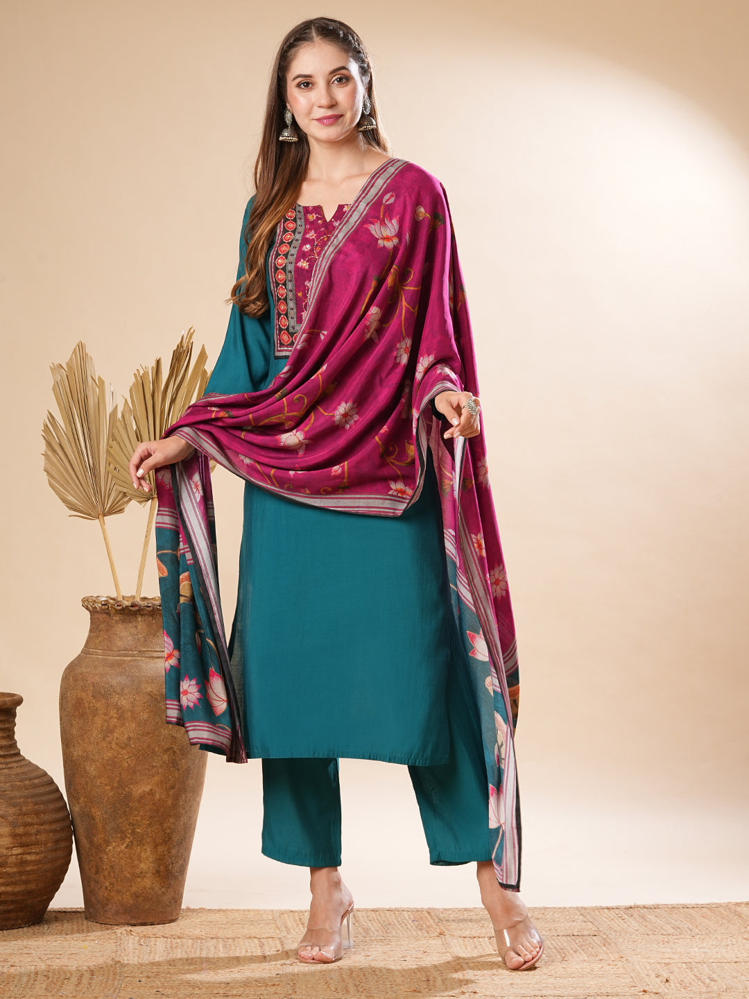 Solid Mirror Embellished Kurta with Pants & Floral Dupatta - Teal