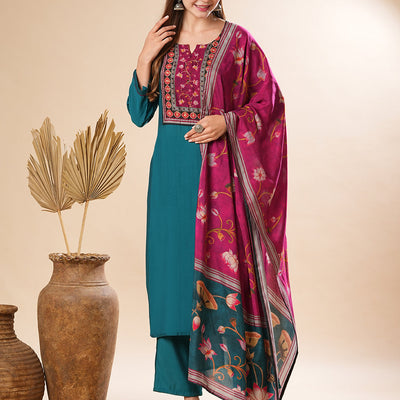 Solid Mirror Embellished Kurta with Pants & Floral Dupatta - Teal