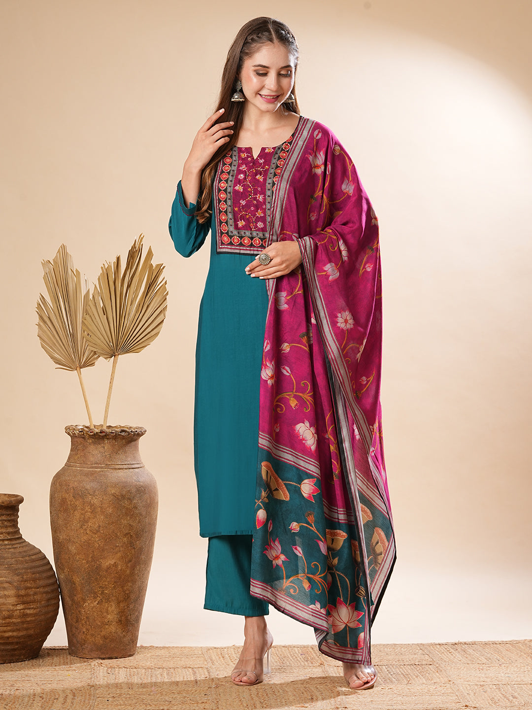 Solid Mirror Embellished Kurta with Pants & Floral Dupatta - Teal