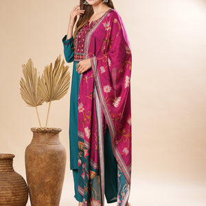 Solid Mirror Embellished Kurta with Pants & Floral Dupatta - Teal