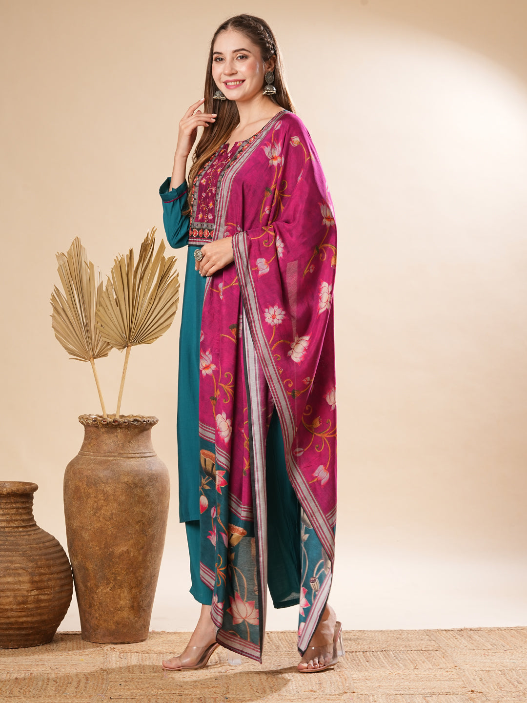 Solid Mirror Embellished Kurta with Pants & Floral Dupatta - Teal