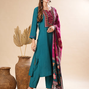 Solid Mirror Embellished Kurta with Pants & Floral Dupatta - Teal