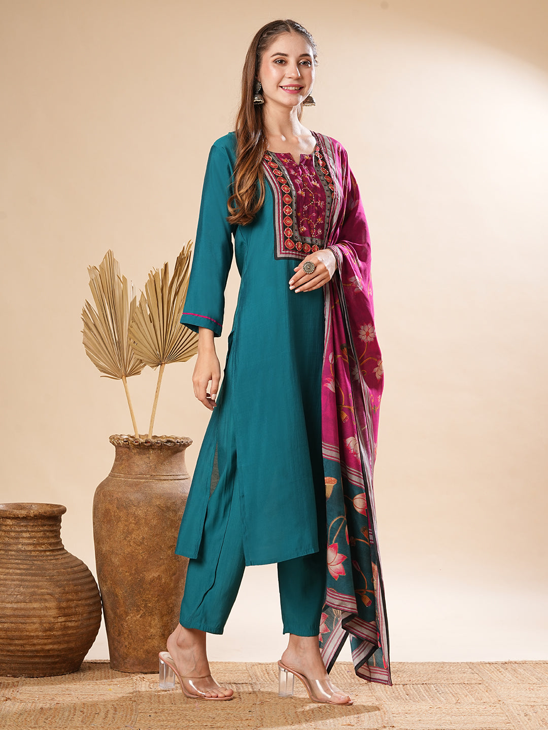 Solid Mirror Embellished Kurta with Pants & Floral Dupatta - Teal